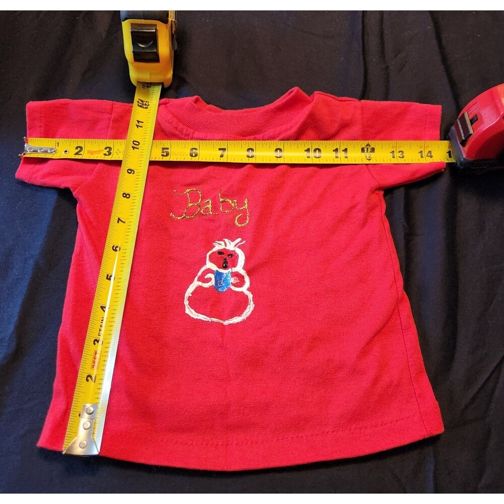 Vintage Child's Hand drawn Snowman Tee Shirt "Baby" Red Dimensional Paint 0-3mos